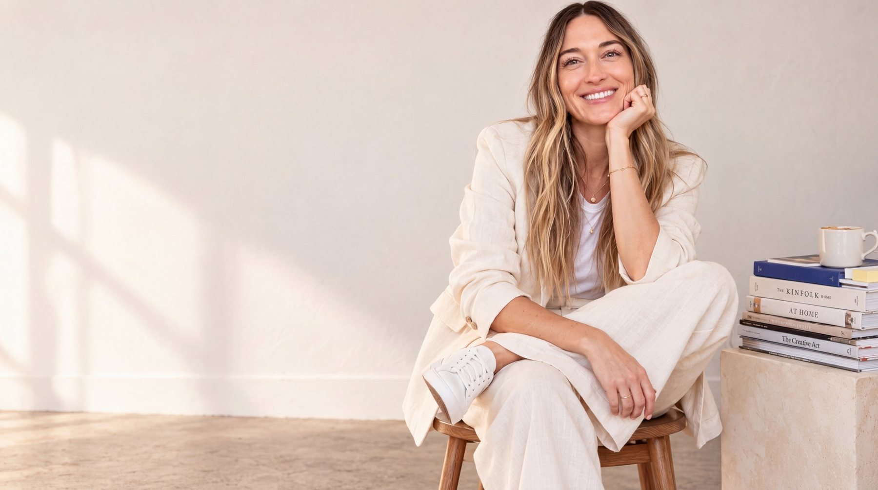 Lauren LoBue seated on a wooden stool in a cream linen suit, smiling, beside a stack of books