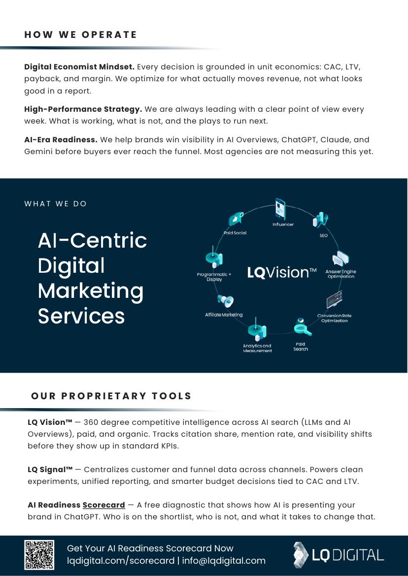 LQ Digital one-pager, back: how we operate, services and proprietary tools
